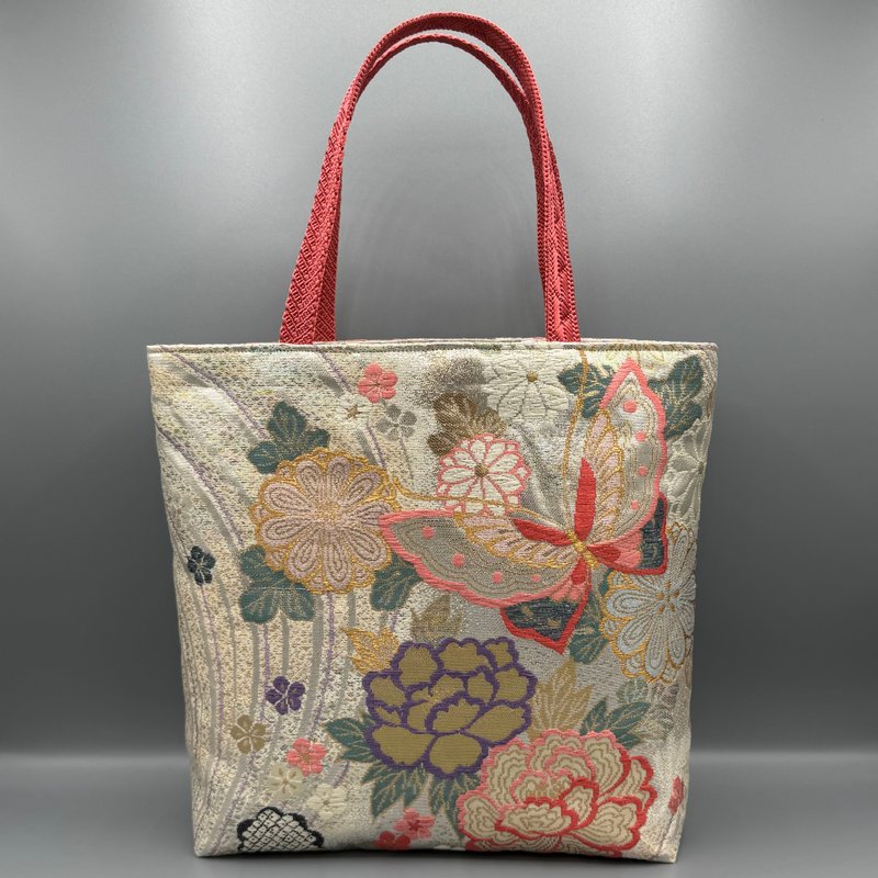 和服 带 织带 手工托特包 再造 粉色 金色 佐贺锦 花蝶纹 真丝 - 手提包/手提袋 - 丝．绢 银色