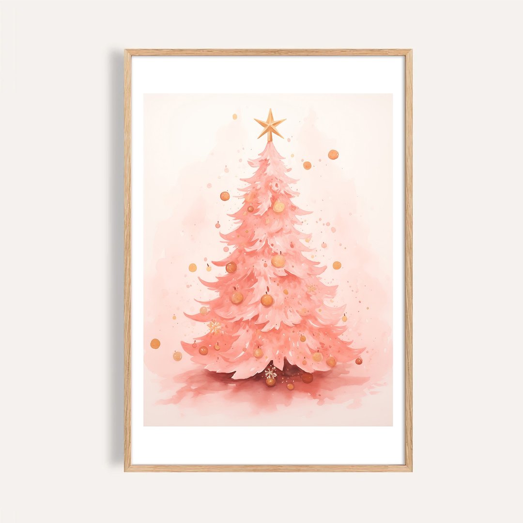 粉雪星语 Pink Snow Tree / 圣诞树插画挂画 耶诞海报 无框画布置 - 海报/装饰画/版画 - 纸 