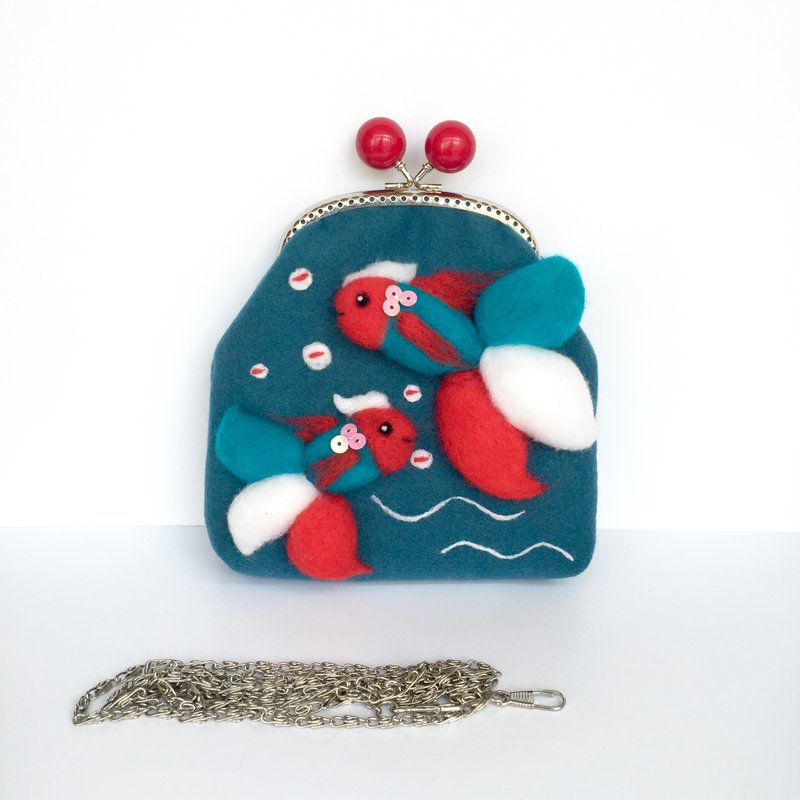 气质浪漫纯色简约时尚创意手工礼物红色蓝色金鱼孔雀蓝羊毛毡糖果口金包包单肩斜背化妆包链条包零钱包手机套袋小手袋晚宴手拿包 - 侧背包/斜挎包 - 羊毛 多色