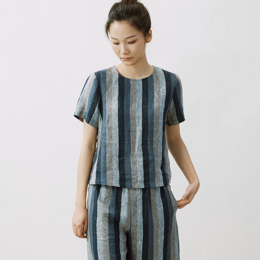 色織亞麻短袖Tee  復古套頭衫  SH200156 - 女装 T 恤 - 棉．麻 灰色