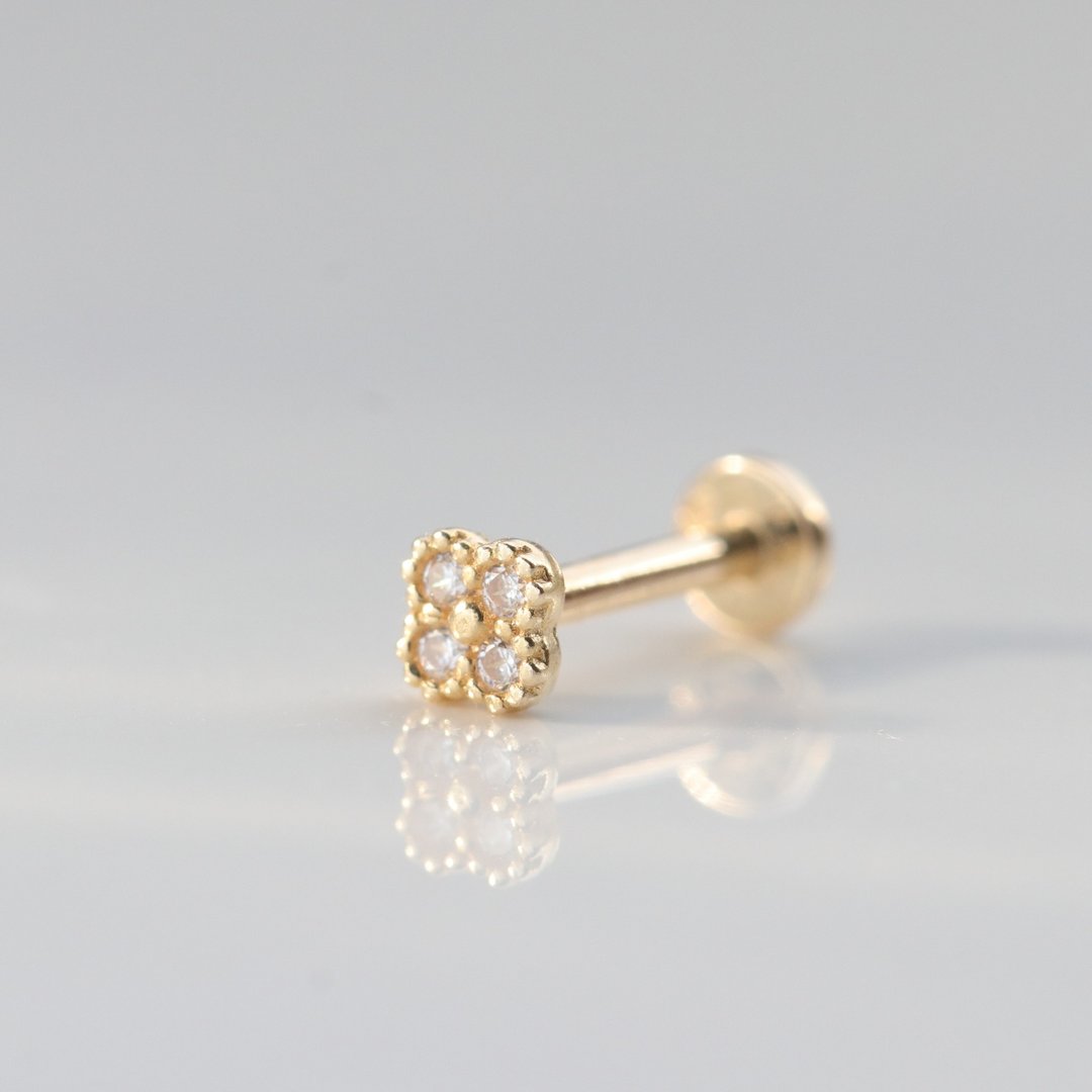14K 四叶钻锁珠耳环 (前锁 平底 圆饼) (单个) 碰水流汗不褪色 - 耳环/耳夹 - 贵金属 金色
