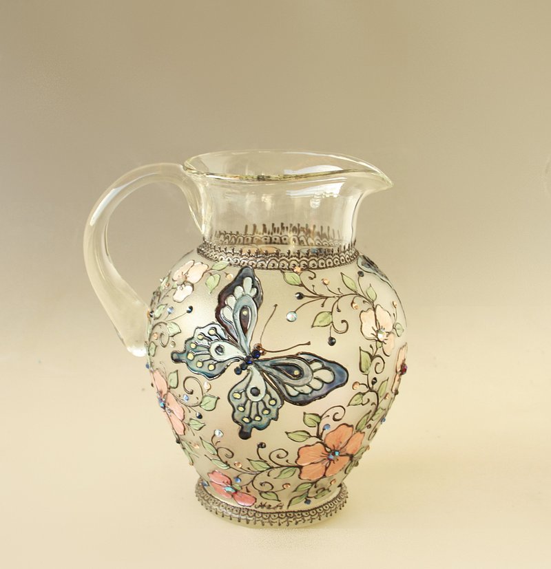Retro Pitcher Blue Butterfly Wildflowers SWAROVSKI Crystals Hand-painted - 茶具/茶杯 - 塑料 蓝色