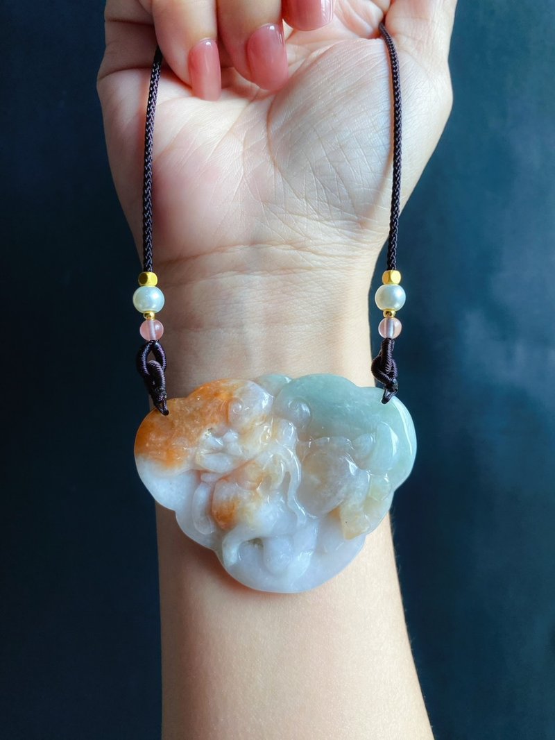 天然缅甸玉翡翠 麒麟 天然三彩 财富 吉祥 圆满 平安 项链 礼物 - 项链 - 玉石 绿色