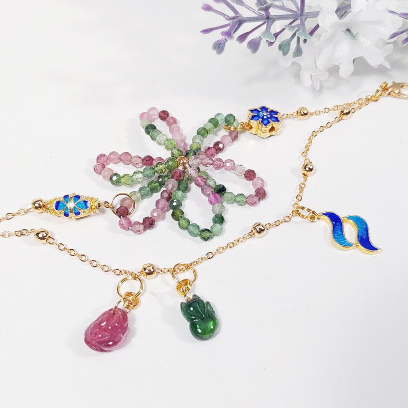 天然 顶级 碧玺 花 狐仙 珐琅 18K金 富贵 吉祥 手链 单品 礼物 - 手链/手环 - 宝石 多色