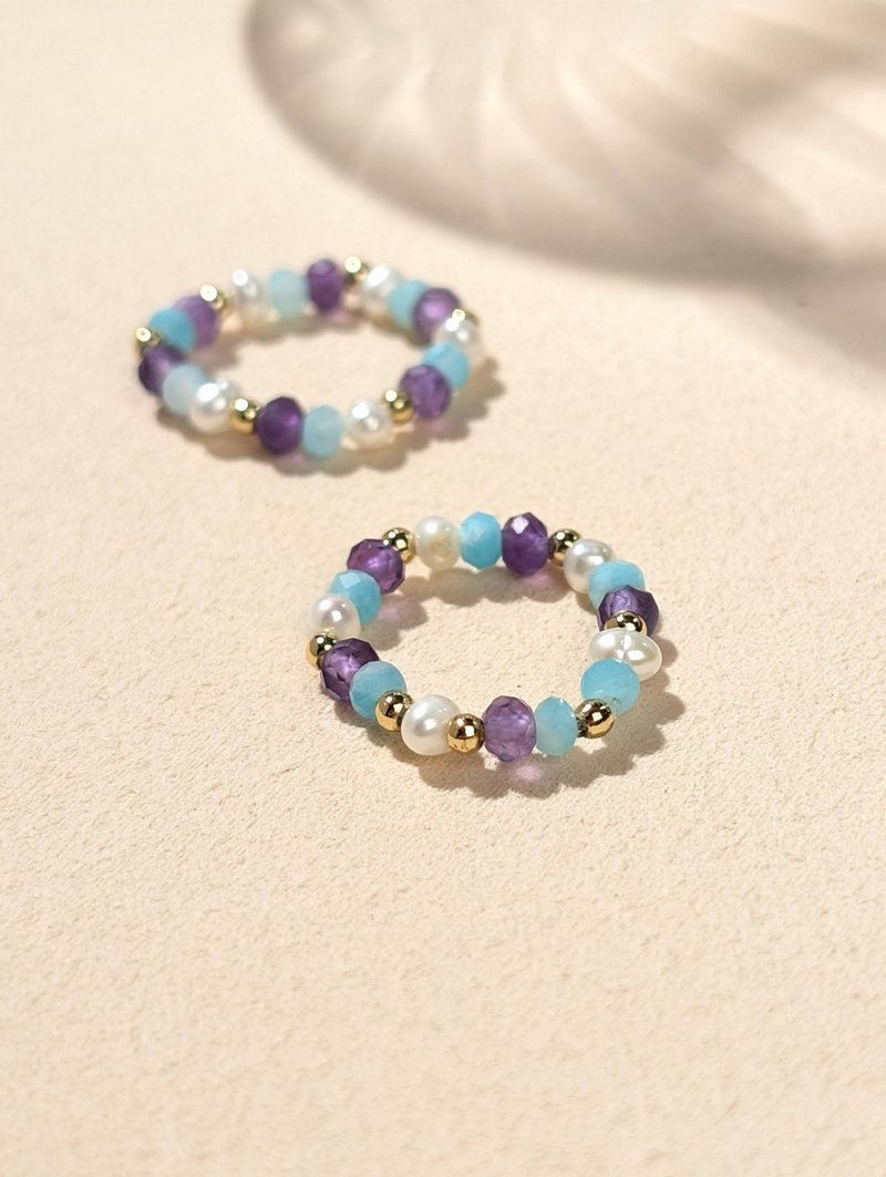 紫水晶 海蓝宝 粉晶 珍珠 天然石串珠戒指 JIEGEM 姊的珠宝 - 戒指 - 半宝石 紫色