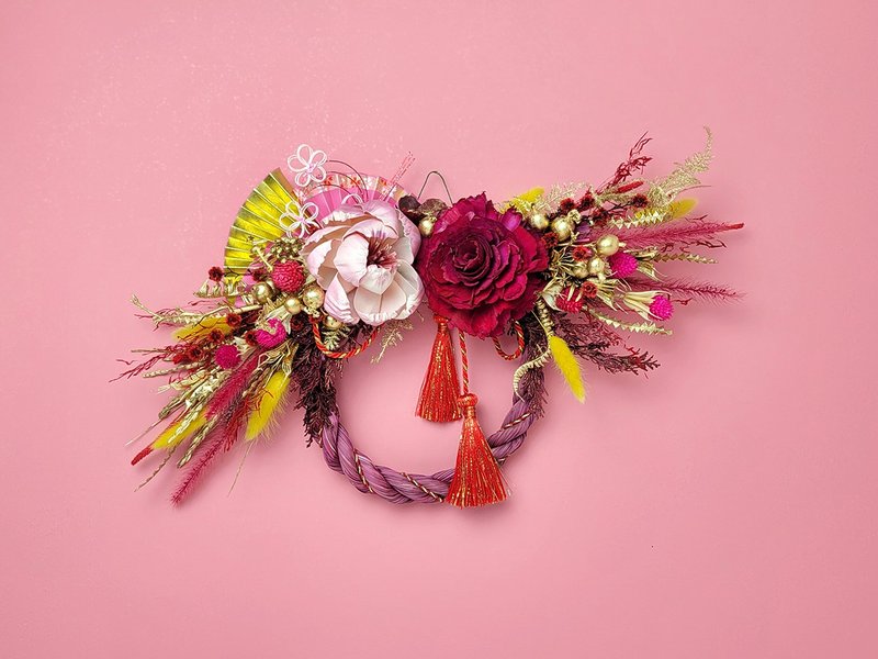 日式注连绳-和风艺妓款桃粉配色 干燥永生花圈入厝礼 - 干燥花/捧花 - 植物．花 粉红色