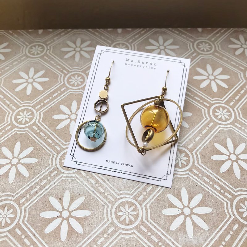 定制化礼物_异国泡泡_黄铜耳环_墨绿与橙(可改夹) - 耳环/耳夹 - 玻璃 白色