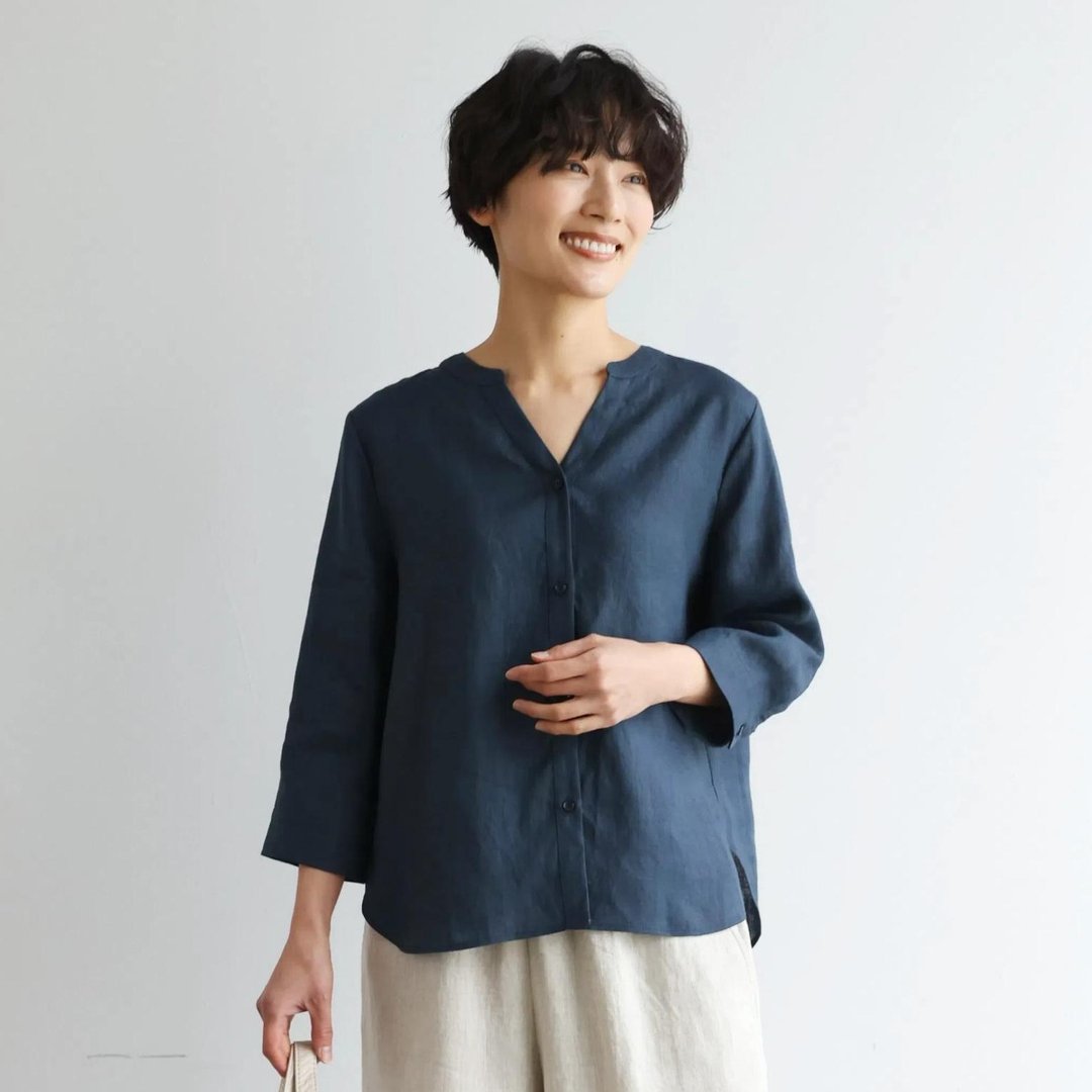 经典百搭法国亚麻 V领上衣 透气亲肤 耐穿有型 深绀蓝 250421-4 - 女装衬衫 - 棉 