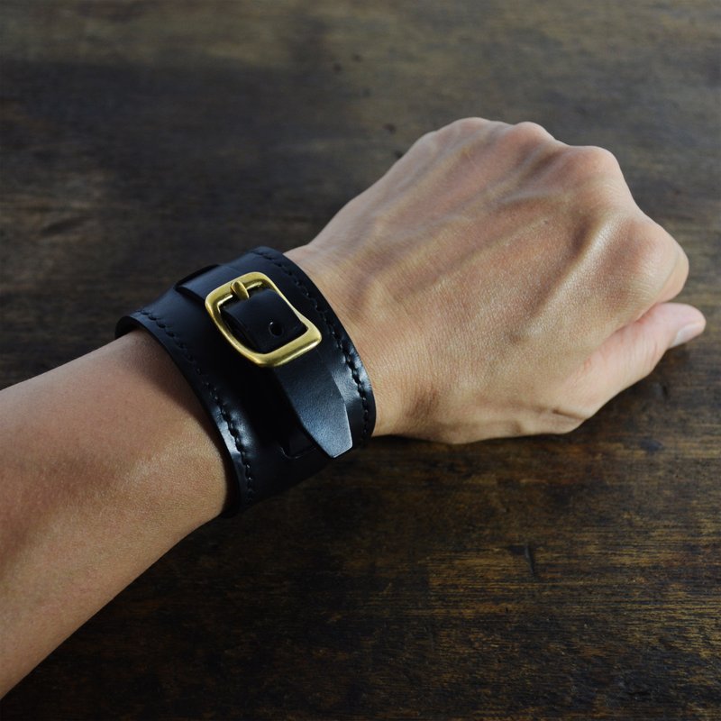 意大利协会认证植鞣革黑色手缝个性皮手环 - 手链/手环 - 真皮 黑色