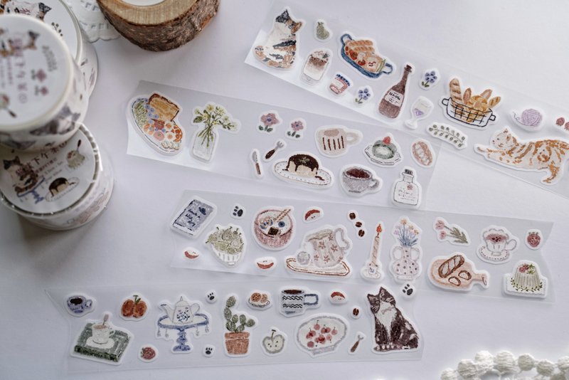 猫咪下午茶 (1) 塩系蠟筆畫 PET 和紙膠帶 (kiss-cut) - 纸胶带 - 其他材质 多色