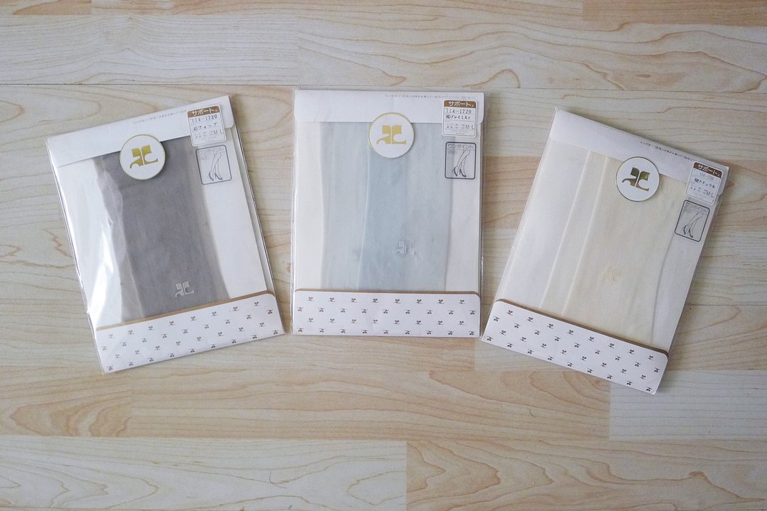 Vintage DeadStock COURRÈGES Stockings gray/cream/blue Tights with logo at ankle - 丝袜 - 聚酯纤维 