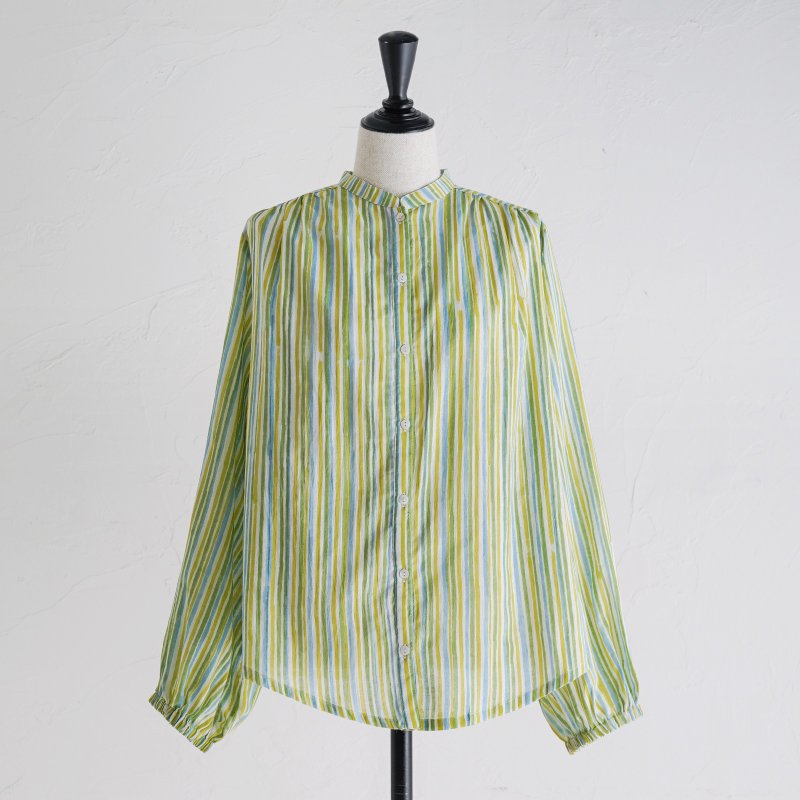 莫斯林卡迪 毛料领衬衫 / 条纹黄 - 女装衬衫 - 棉．麻 黄色