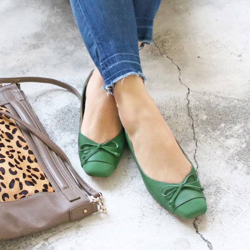 【年前出货】拼接设计小方头真皮芭蕾舞鞋_绿_T2-20920L - 芭蕾鞋/娃娃鞋 - 真皮 绿色