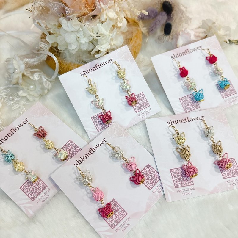 日本和纸立体猫咪水引 - 耳环/耳夹 - 纸 粉红色