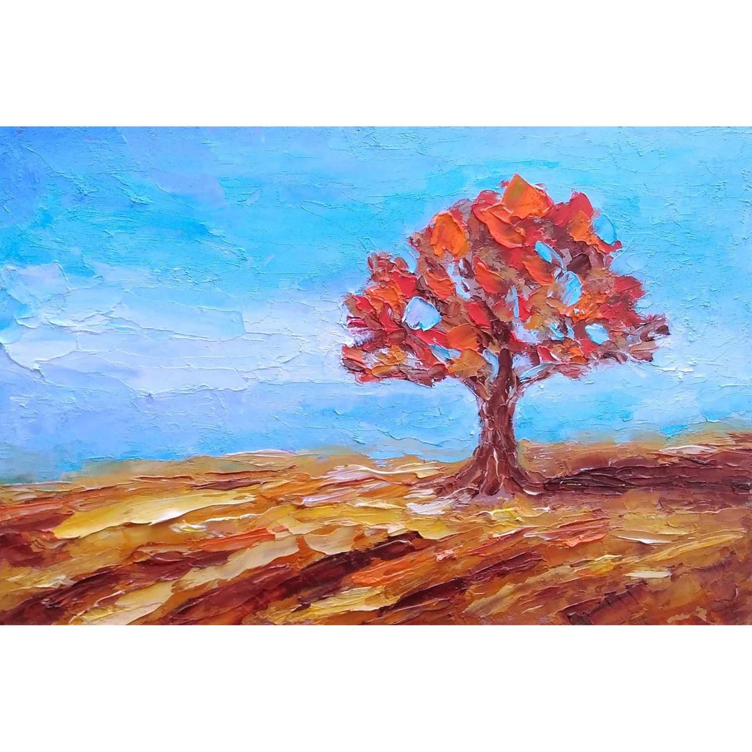 Oak Tree Original Painting, Fall Landscape Wall Art, Sky Minimalism, 手工油畫, 油畫原 - 海报/装饰画/版画 - 其他材质 多色