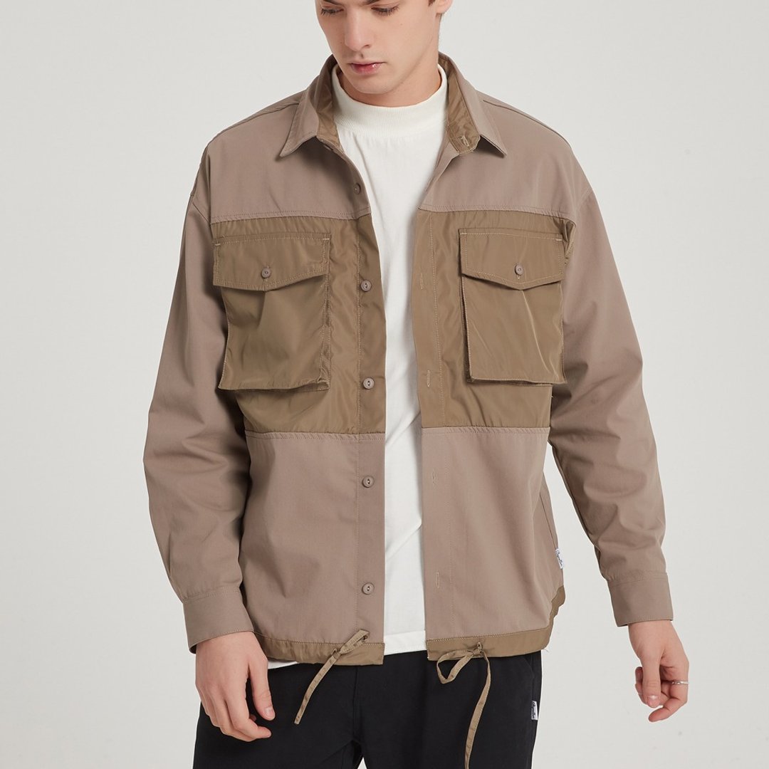 拼贴衬衫外套 Patchwork Shirt Jacket/简约款式/纯棉材质/情侣 - 男装外套 - 棉 灰色