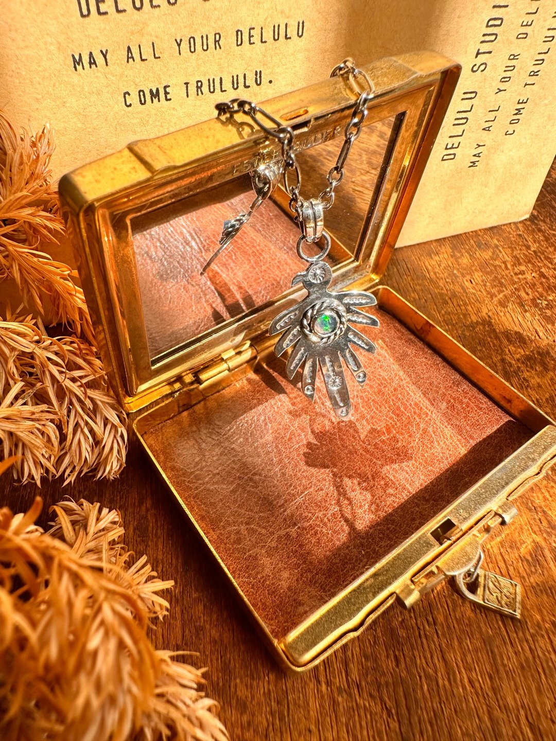 手作金工—逐光雷鸟 麻花圈反镶天然蛋白石 羽毛  925 纯银项链 - 项链 - 纯银 银色