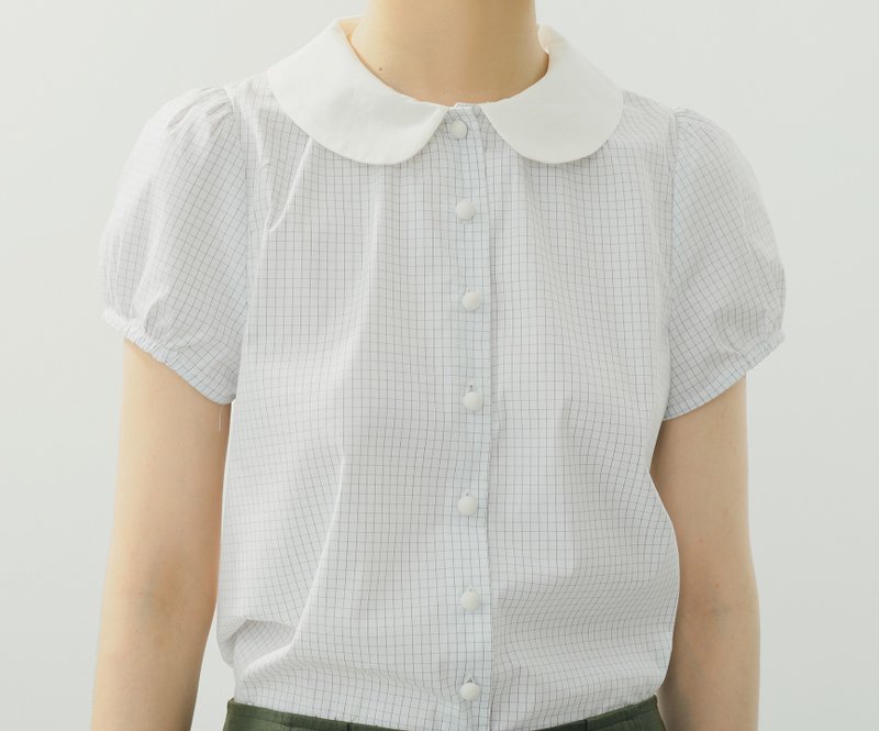 【泡泡袖】法式复古/乖巧彼得潘领/格纹衬衫 - 女装衬衫 - 棉．麻 白色