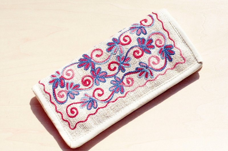 限量一件 自然棉麻编织感皮夹 / 长皮夹 / 民族风零钱包 / 钱包 - 缤纷森林风花朵手工刺绣 - 皮夹/钱包 - 棉．麻 多色