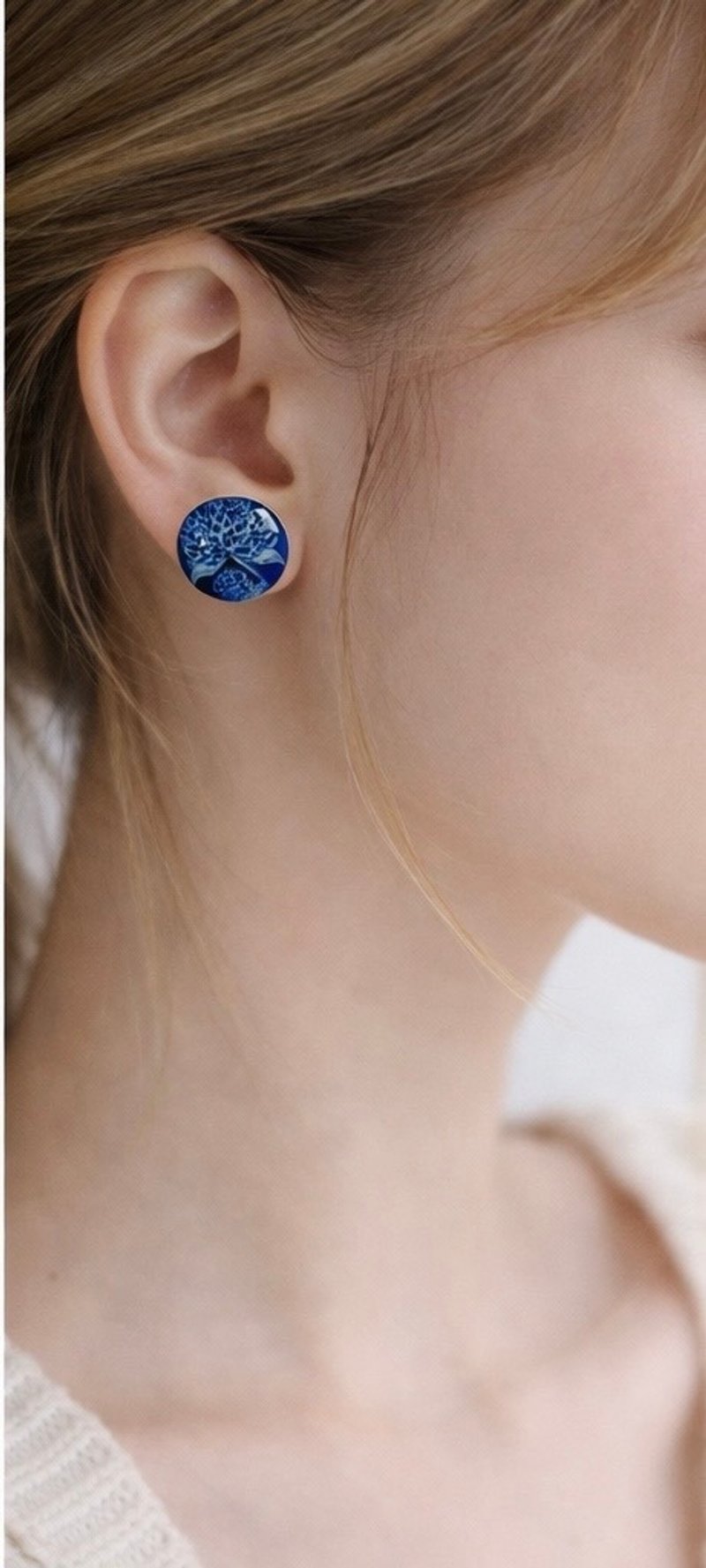 Vali 原创 - 圆粄花原色、蓝染 - 耳环/耳夹 - 不锈钢 