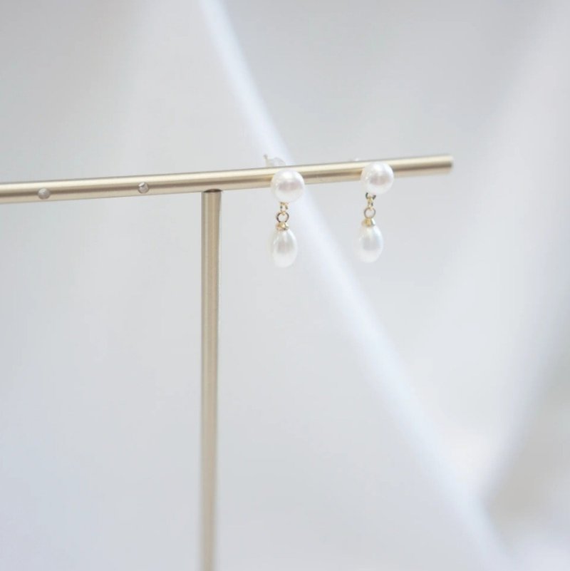 双珠珍珠耳坠耳环 / 无耳洞耳夹 - 耳环/耳夹 - 珍珠 白色