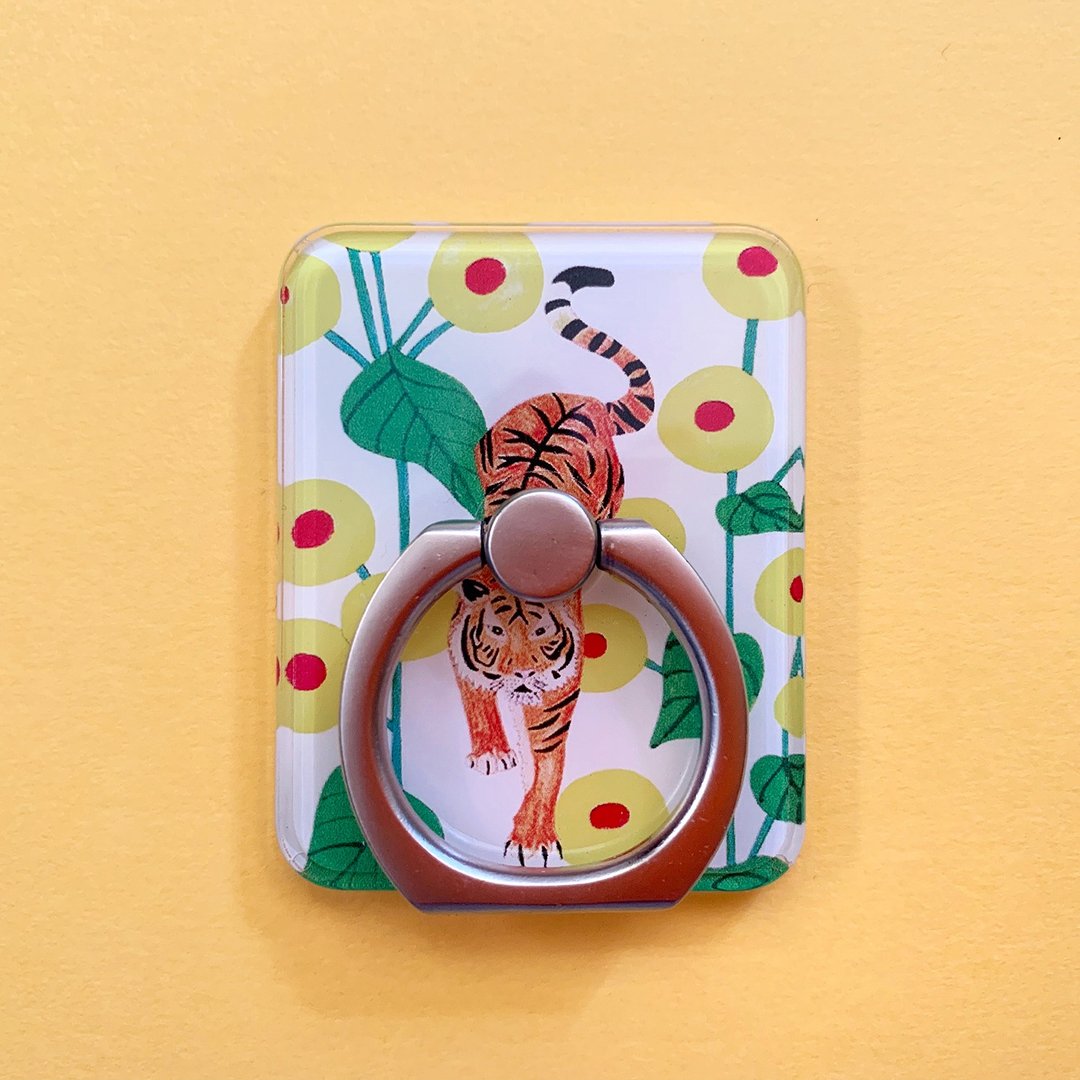 Smartphone Ring // Tiger and Flowers  // Japanese Illustration - 手机配件 - 塑料 黄色