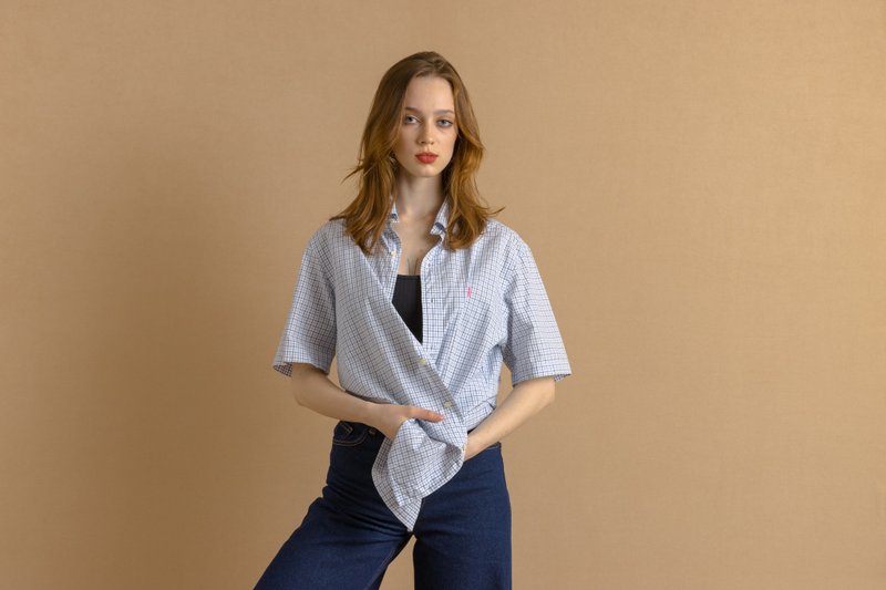 复古 Ralph Lauren 蓝色 M 码男士衬衫 7448 - 男装衬衫 - 棉．麻 蓝色