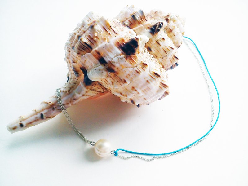 十四寸自家设计单点蓝绿绳配白链 淡水珍珠项链-Sea Breeze系列 - 项链 - 其他金属 蓝色