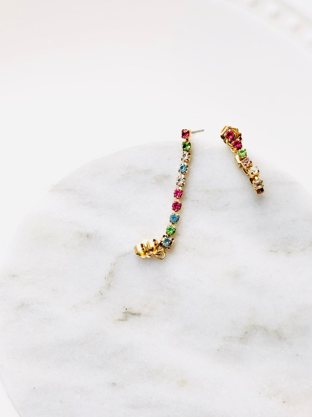 Vintage Rainbow Crystal Chain Earrings - 耳环/耳夹 - 贵金属 金色
