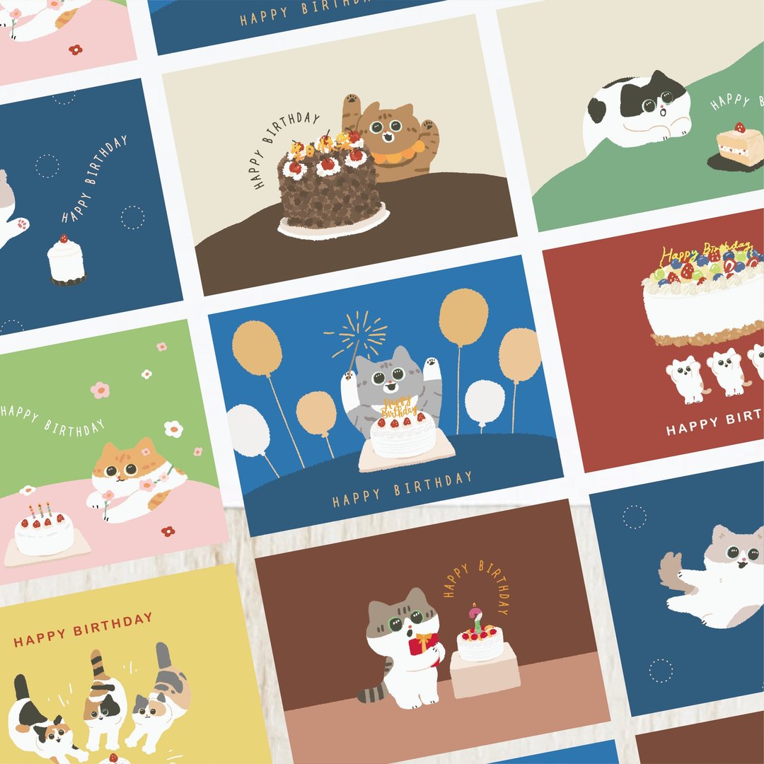 森蕗插画 可爱猫咪生日卡片 双面明信片 生日快乐 Happy birthday - 卡片/明信片 - 纸 