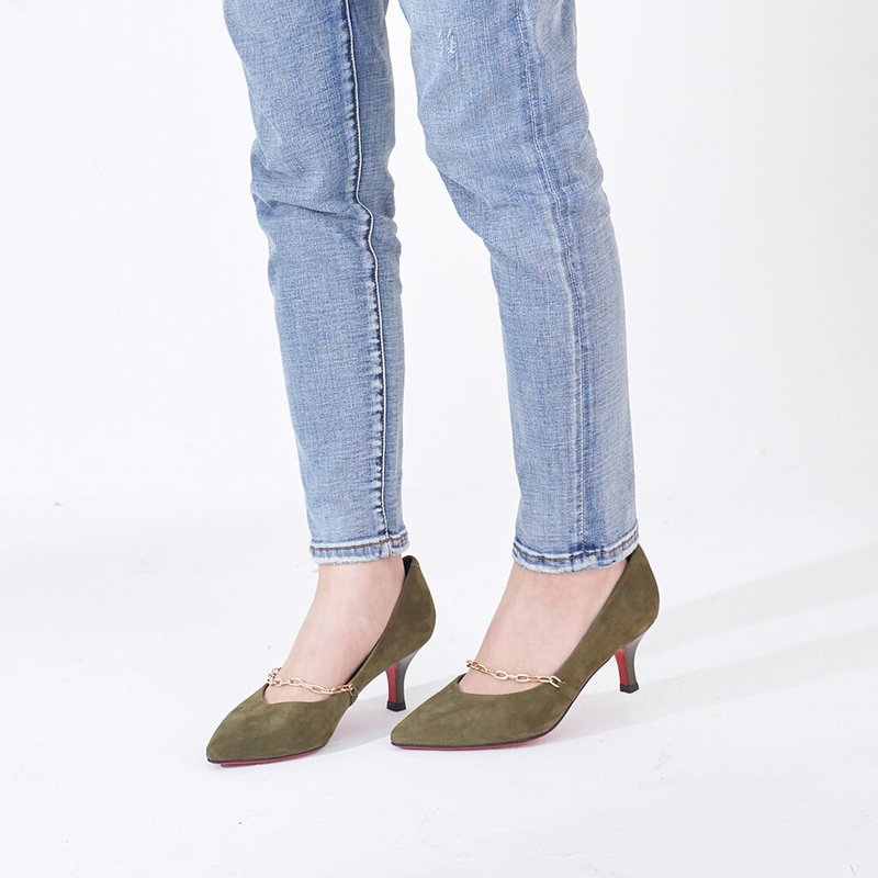 零码【魅力威尼斯】羊猄真皮金链尖头跟鞋_歌剧院绿(22/23.5) - 高跟鞋 - 真皮 绿色