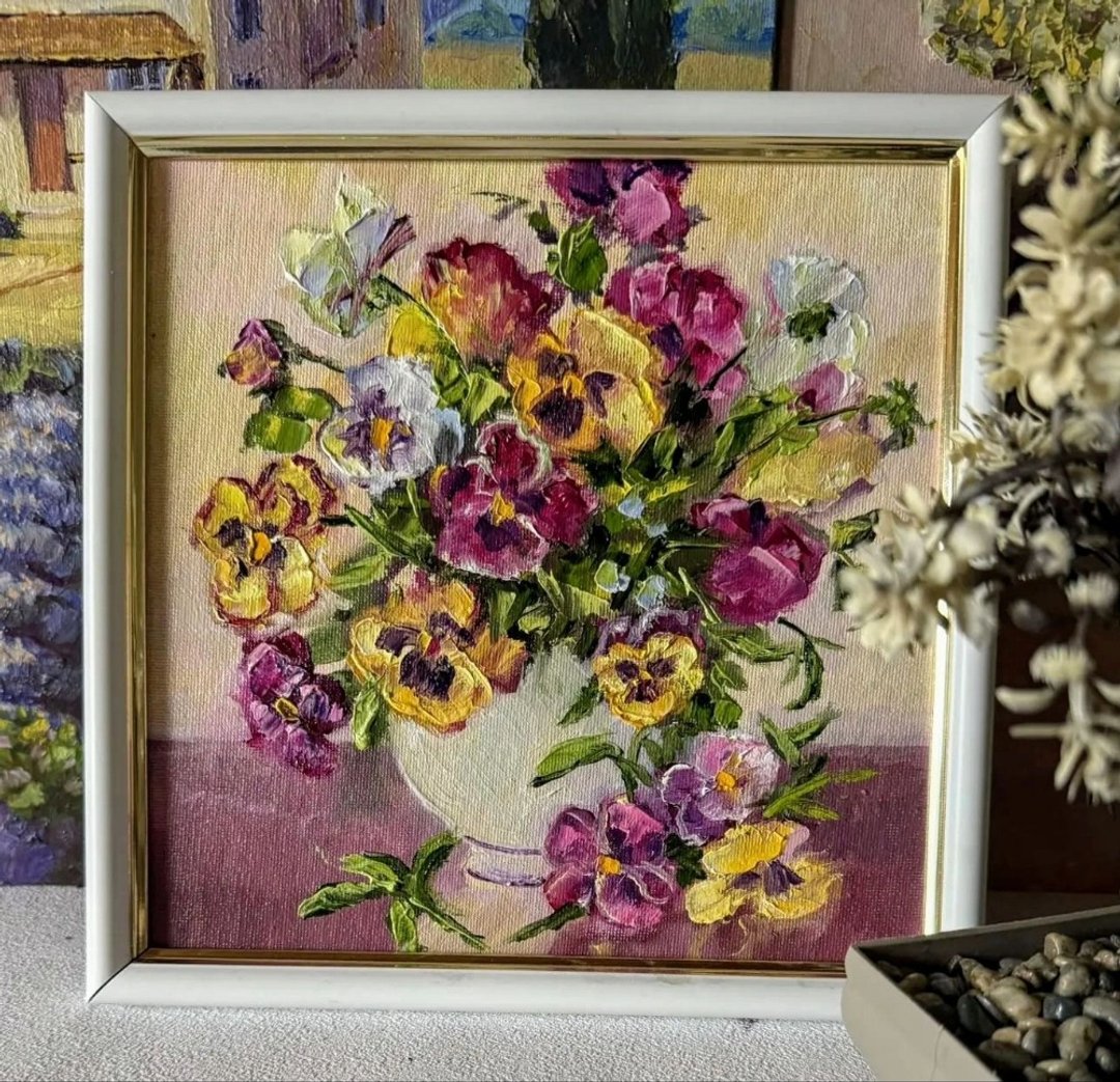 画布三色堇油画 - 原创艺术 - 花卉画 - 紫罗兰壁饰 - 墙贴/壁贴 - 其他材质 紫色