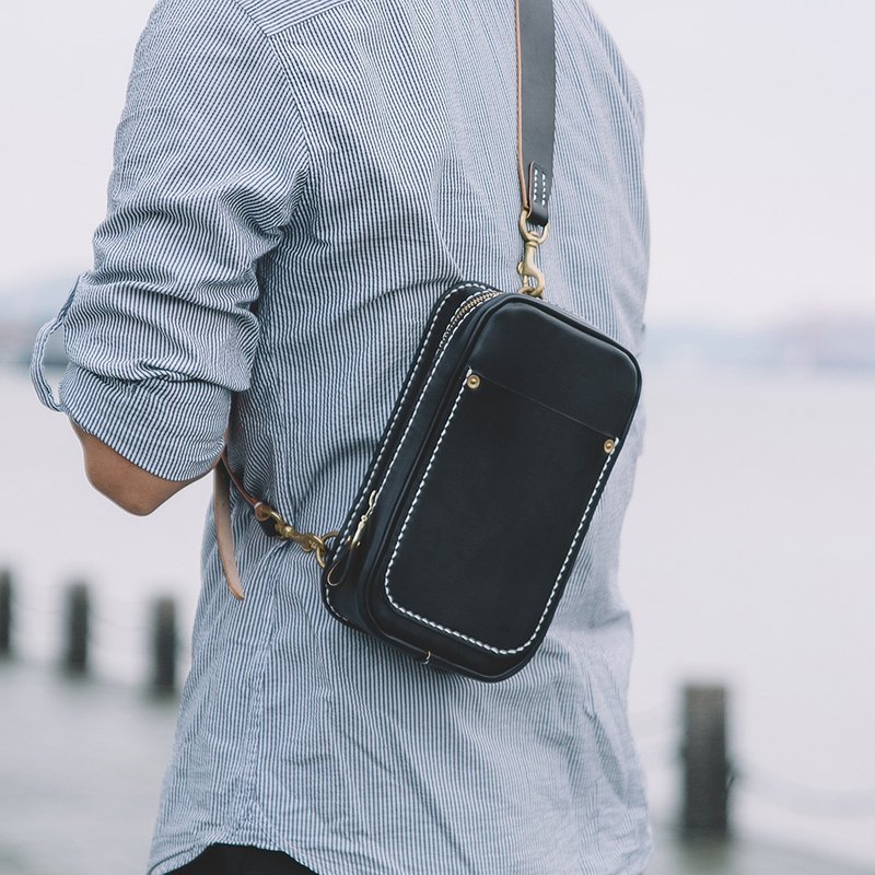 【切线派】纯手缝植鞣头层牛皮真皮胸包腰包单肩斜挎简约复古男包 - 侧背包/斜挎包 - 真皮 蓝色