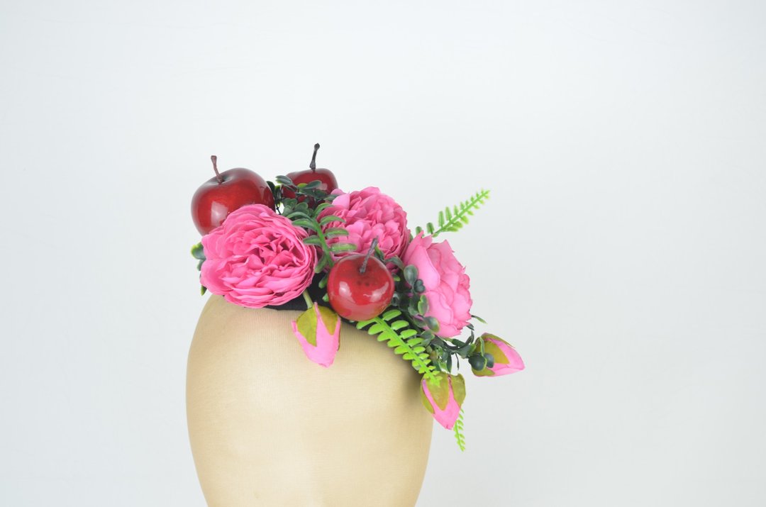 Headpiece Crown in Bright Colours with Pink Silk Flower Roses and Red Apples - 发饰 - 其他材质 粉红色