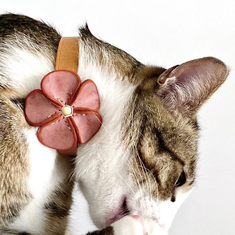 【38R花系列】-白蜡小橘花 & 原革色磨砂皮宠物项圈 - 项圈/牵绳 - 真皮 橘色