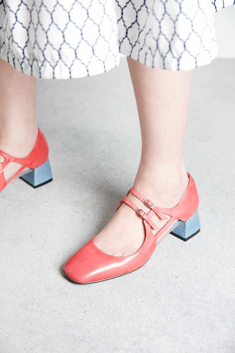 HTHREE 4.6方头玛莉珍跟鞋/ 玫瑰红/ Square Toe Mary Jane Heels - 高跟鞋 - 真皮 粉红色