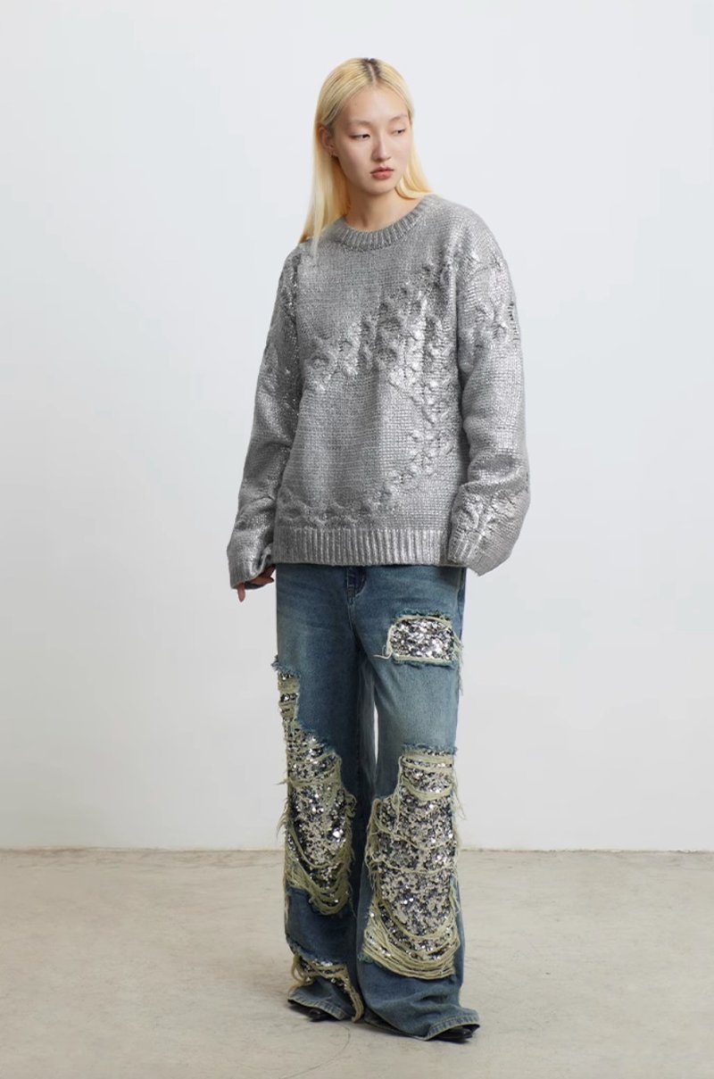 Metallic Sweater 金属感涂层不规则廓形毛衣 - 女装针织衫/毛衣 - 其他材质 银色