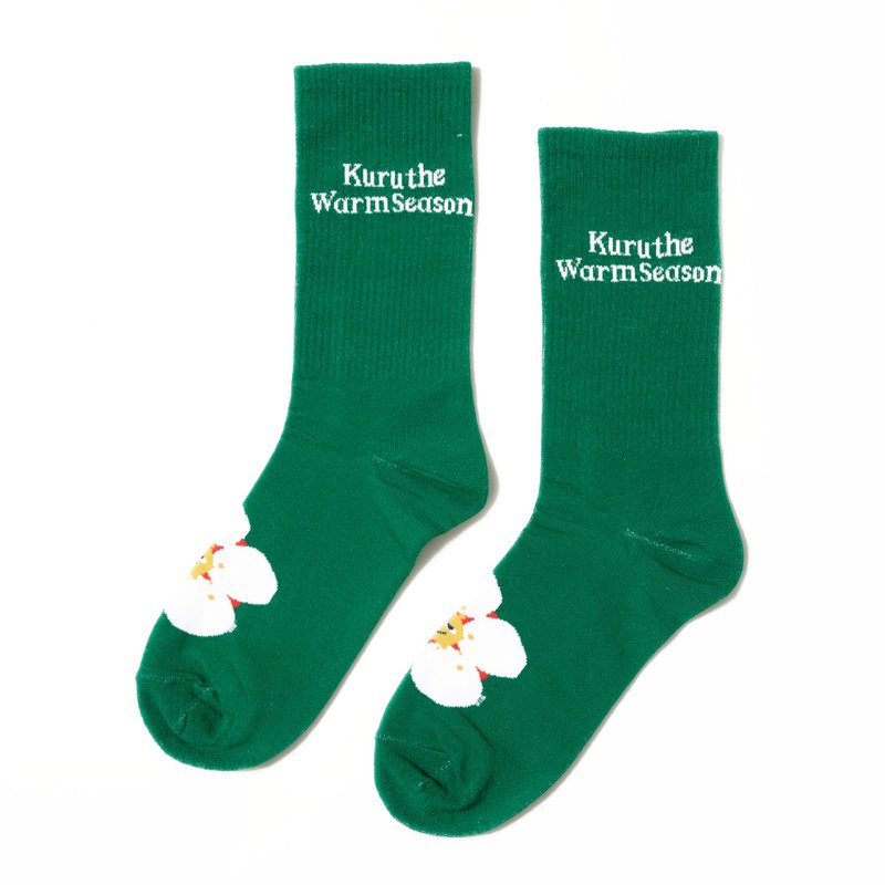 SOCKS 绿底白梅/联名款/设计袜/男女适用 - 袜子 - 棉．麻 绿色