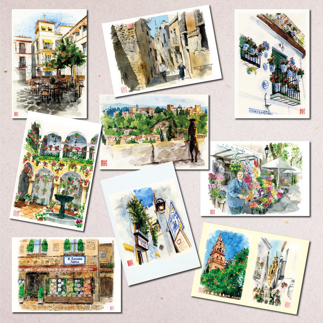 Set of 9 watercolor postcards Spanish landscape - 卡片/明信片 - 纸 