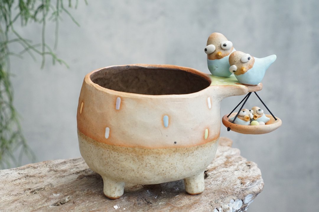 悬挂式小鸟花盆，适合种植仙人掌、多肉植物、盆栽，手工陶瓷制品 - 植栽/盆栽 - 陶 卡其色