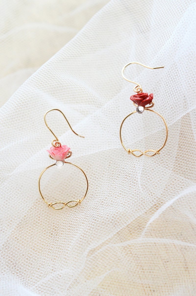 玫瑰花钻戒 14K包金耳环/耳夹 - 耳环/耳夹 - 粘土 红色