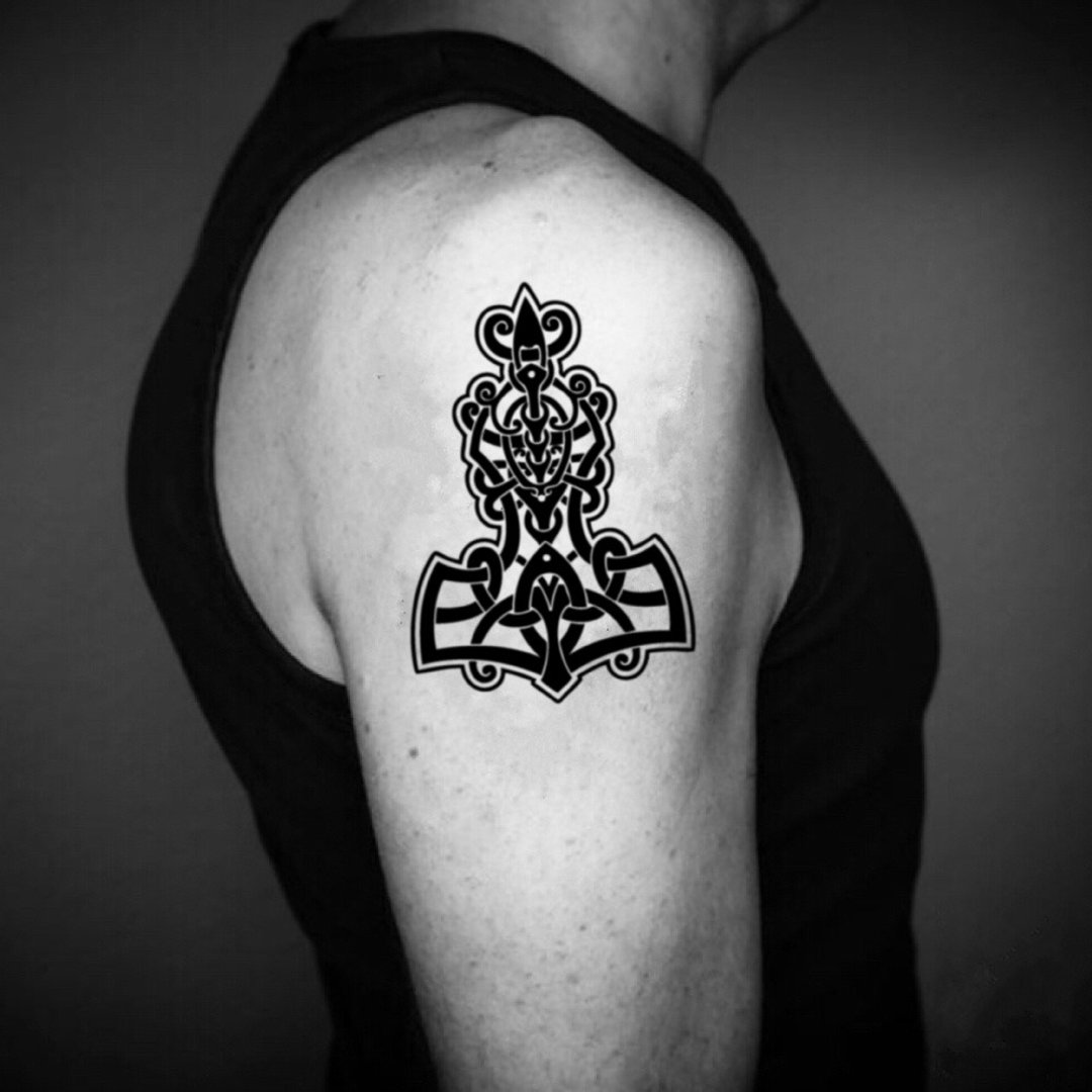 OhMyTat 部落锤子 Tribal Thor Hammer 刺青图案纹身贴纸 (2 张) - 纹身贴 - 纸 黑色