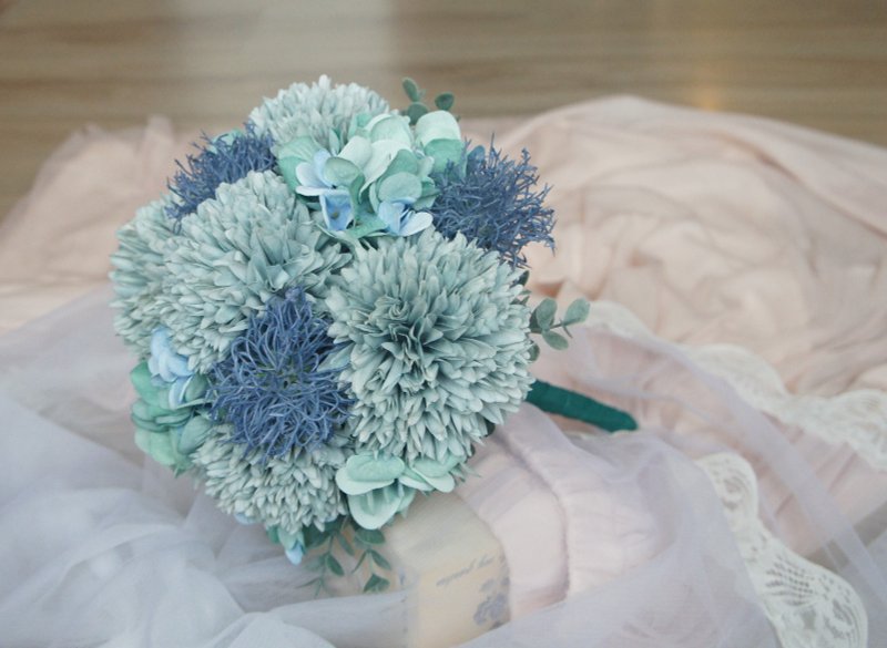古典风华莫兰迪蓝新娘捧花(仿真花婚纱摄影拍照道具) - 干燥花/捧花 - 植物．花 蓝色