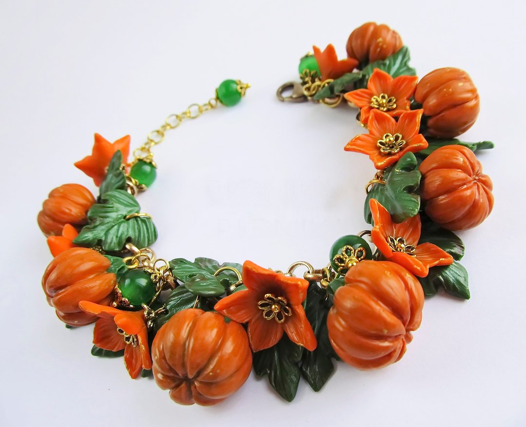 Pumpkin bracelet clay Orange Flower Miniature pumpkin Vegetables floral bracelet - 手链/手环 - 粘土 橘色