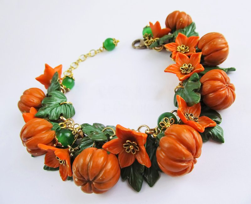 Pumpkin bracelet clay Orange Flower Miniature pumpkin Vegetables floral bracelet - 手链/手环 - 粘土 橘色