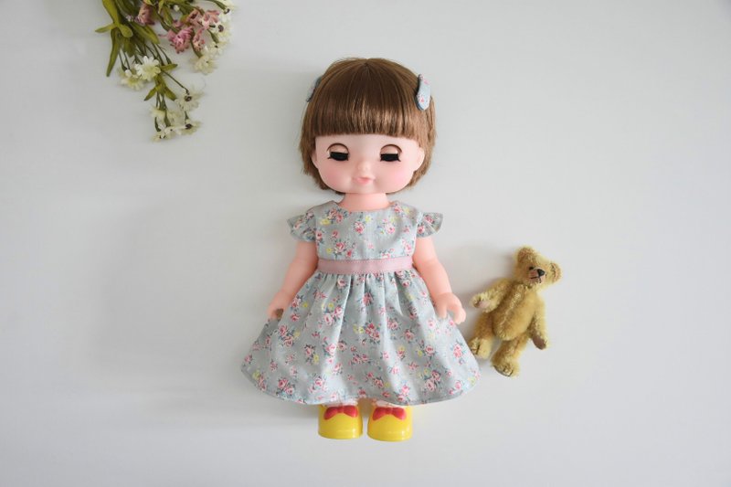 公仔衫套装 小花边袖腰带碎花裙连连小发夹 - 灰绿底玫瑰碎花 - 玩偶/公仔 - 棉．麻 绿色