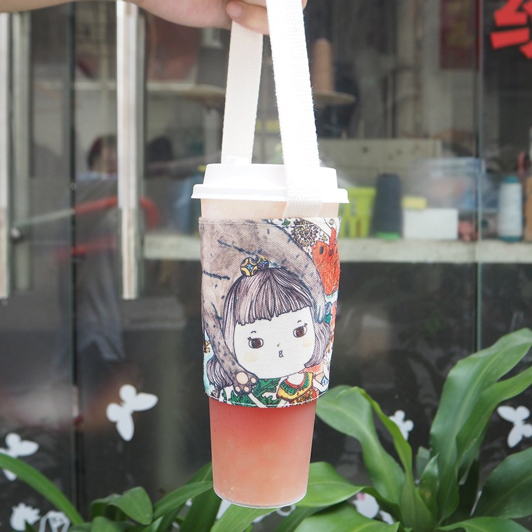 手工插画自己设计布料饮料杯套 - 随行杯提袋/水壶袋 - 棉 橘色