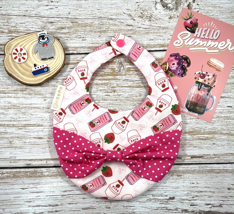 蝴蝶结圆兜 六层纱围兜 草莓牛奶 - 围嘴/口水巾 - 棉．麻 粉红色