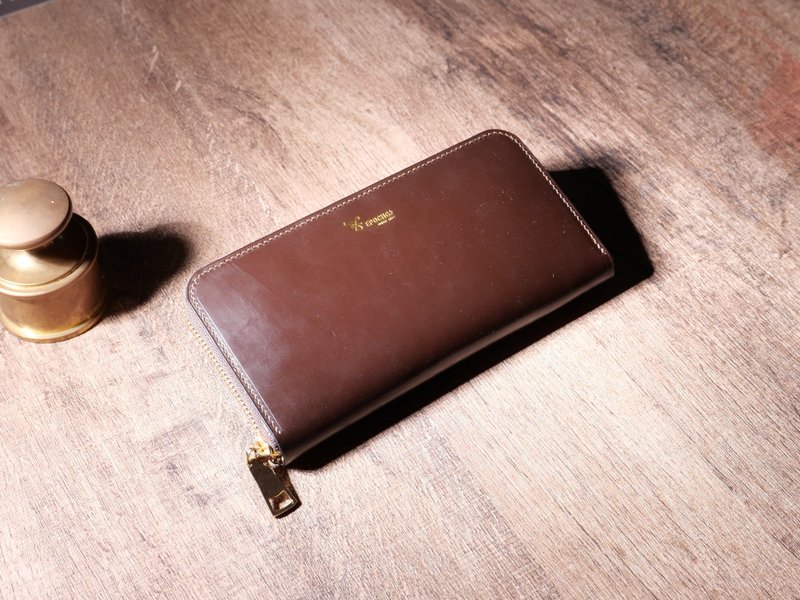 【定制化 圣诞礼物】JE 马缰革 手缝经典拉链长夹 - 皮夹/钱包 - 真皮 咖啡色