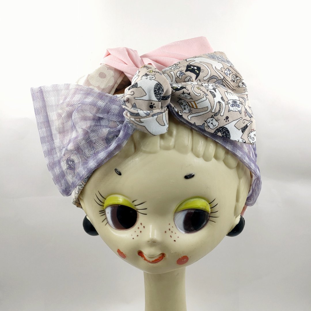 Petitbebe 日系小花撞色格子双层蝴蝶结发带 - 发饰 - 棉 紫色